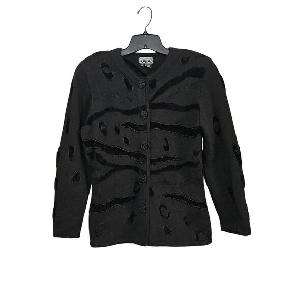 VTG 90s BEREK 2 Womens Black Chenille Tiger Beaded Knit Cardigan Sweater Medium - Picture 1 of 6